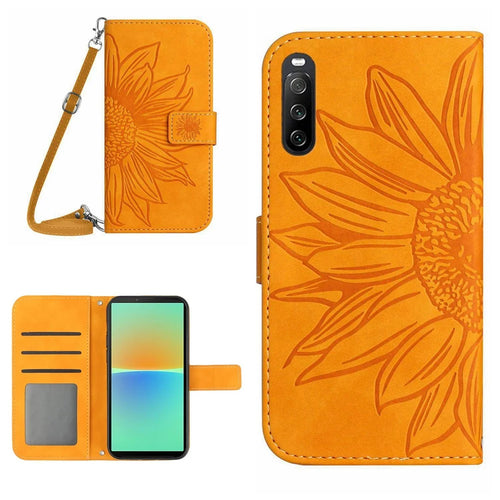 For Sony Xperia 10 IV 5G HT04 Sunflower Imprinted Skin-touch Wallet Stand PU Leather Cover Inner TPU Phone Case with Shoulder Strap - Yellow - 1
