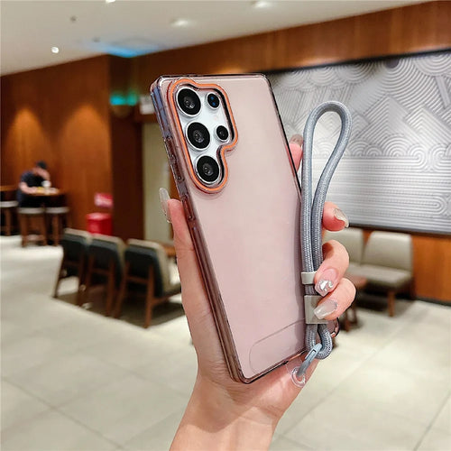 For Samsung Galaxy S25 Ultra Case with Wrist Strap / Orange Camera Edge TPU + PC Shockproof Phone Back Cover - Transparent Black - 1
