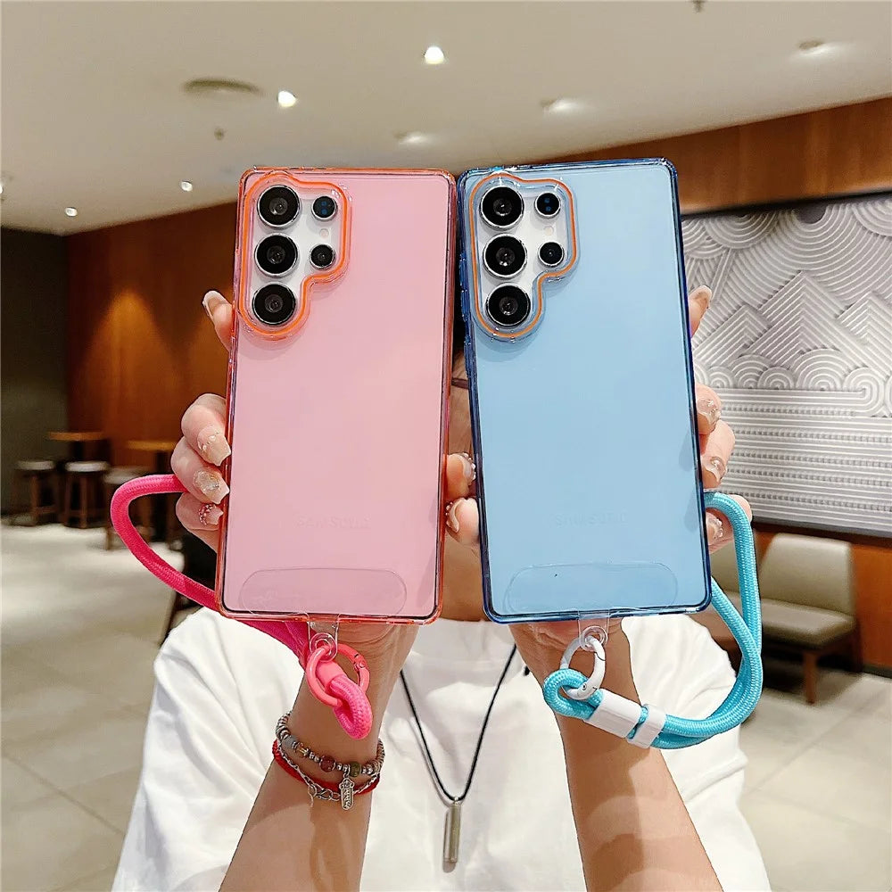 For Samsung Galaxy S25 Ultra Case with Wrist Strap / Orange Camera Edge TPU + PC Shockproof Phone Back Cover - Transparent Black - 3