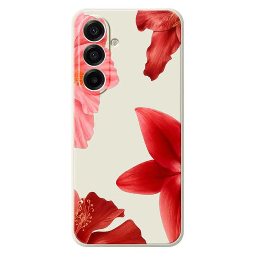 For Samsung Galaxy A18 5G / A18 4G / A17 5G / A17 4G Case Red Flower Pattern Printing Straight Edge TPU Phone Back Cover - Beige - 1