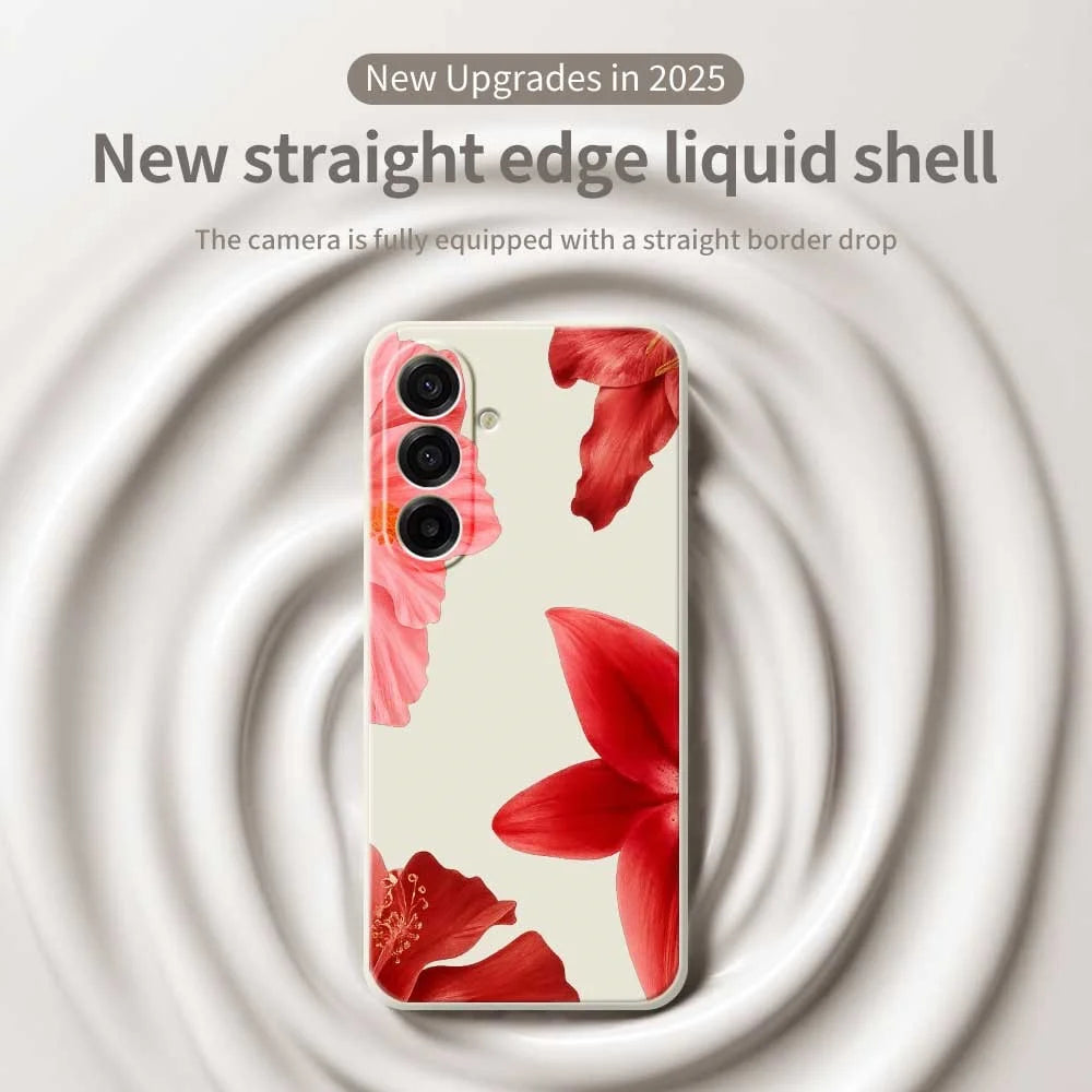 For Samsung Galaxy A18 5G / A18 4G / A17 5G / A17 4G Case Red Flower Pattern Printing Straight Edge TPU Phone Back Cover - Beige - 3