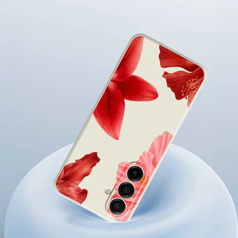 For Samsung Galaxy A18 5G / A18 4G / A17 5G / A17 4G Case Red Flower Pattern Printing Straight Edge TPU Phone Back Cover - Beige - 5
