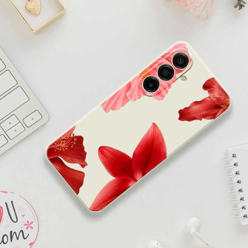 For Samsung Galaxy A18 5G / A18 4G / A17 5G / A17 4G Case Red Flower Pattern Printing Straight Edge TPU Phone Back Cover - Beige - 7