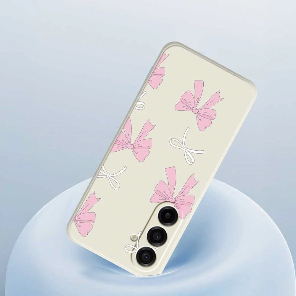 For Samsung Galaxy A18 5G / A18 4G / A17 5G / A17 4G Case Pink Bows Pattern Printing Straight Edge TPU Phone Back Cover - Beige - 5