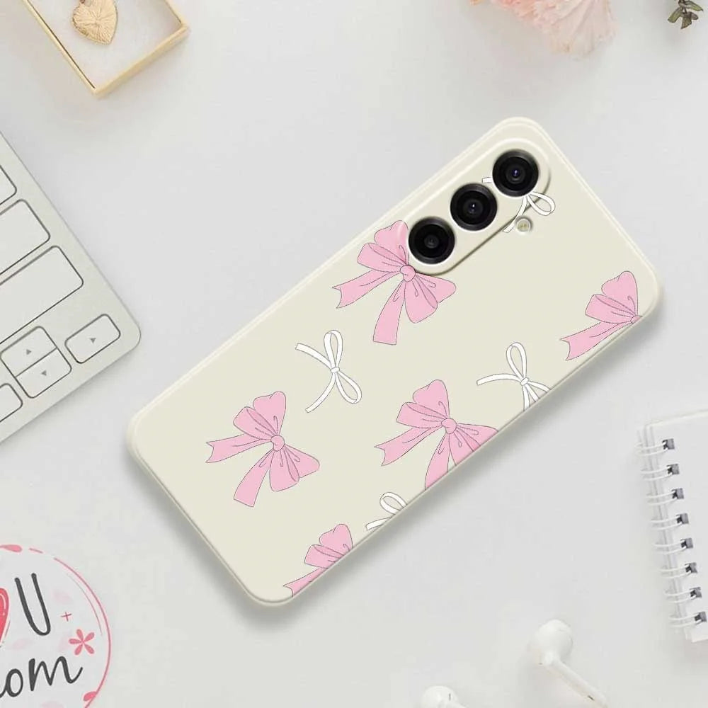 For Samsung Galaxy A18 5G / A18 4G / A17 5G / A17 4G Case Pink Bows Pattern Printing Straight Edge TPU Phone Back Cover - Beige - 7