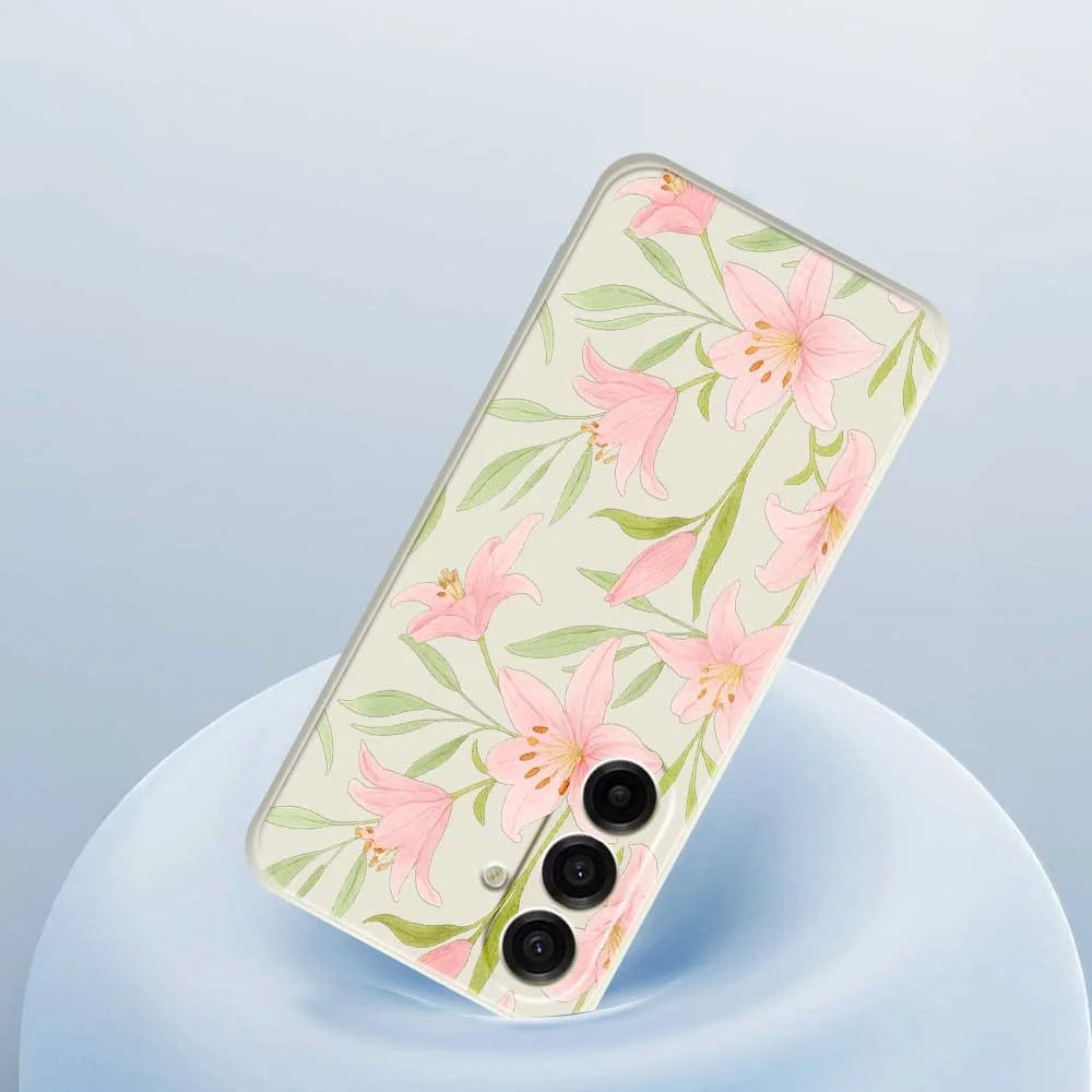 For Samsung Galaxy A18 5G / A18 4G / A17 5G / A17 4G Case Pink Lilies Pattern Printing Straight Edge TPU Phone Back Cover - Beige - 5