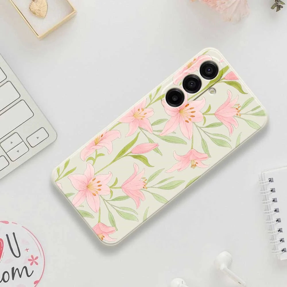 For Samsung Galaxy A18 5G / A18 4G / A17 5G / A17 4G Case Pink Lilies Pattern Printing Straight Edge TPU Phone Back Cover - Beige - 7