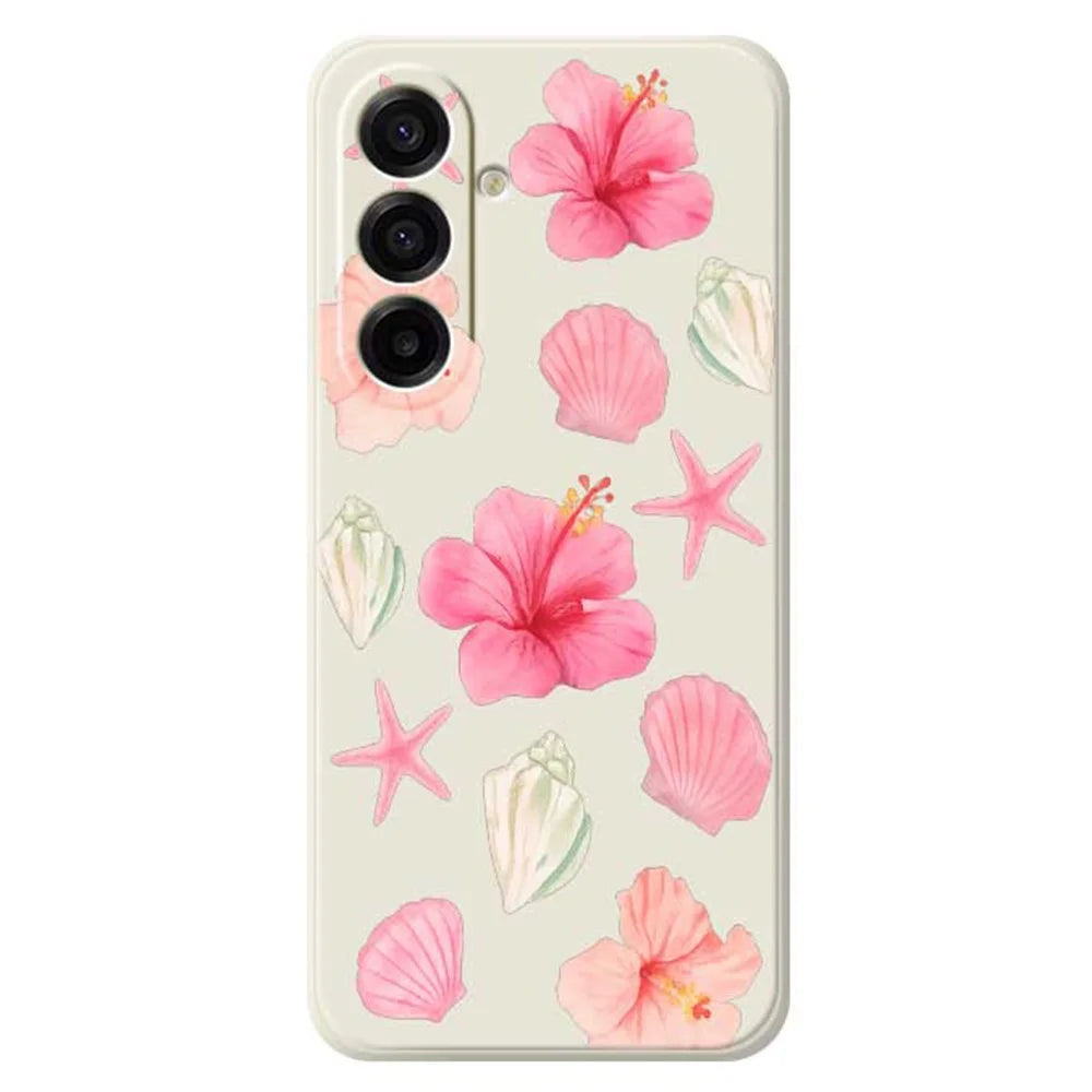 For Samsung Galaxy A18 5G / A18 4G / A17 5G / A17 4G Case Peach Blossoms Shells Pattern Printing Straight Edge TPU Phone Back Cover - Beige - 1