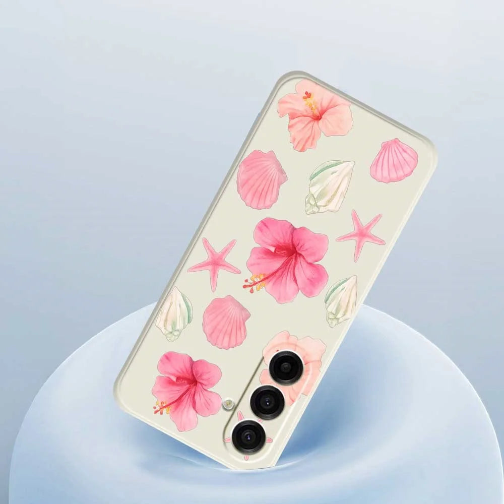 For Samsung Galaxy A18 5G / A18 4G / A17 5G / A17 4G Case Peach Blossoms Shells Pattern Printing Straight Edge TPU Phone Back Cover - Beige - 5