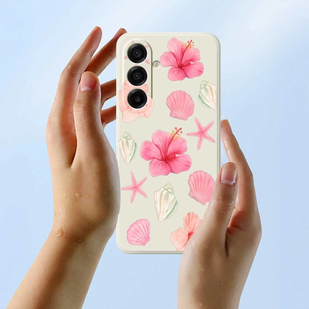 For Samsung Galaxy A18 5G / A18 4G / A17 5G / A17 4G Case Peach Blossoms Shells Pattern Printing Straight Edge TPU Phone Back Cover - Beige - 6