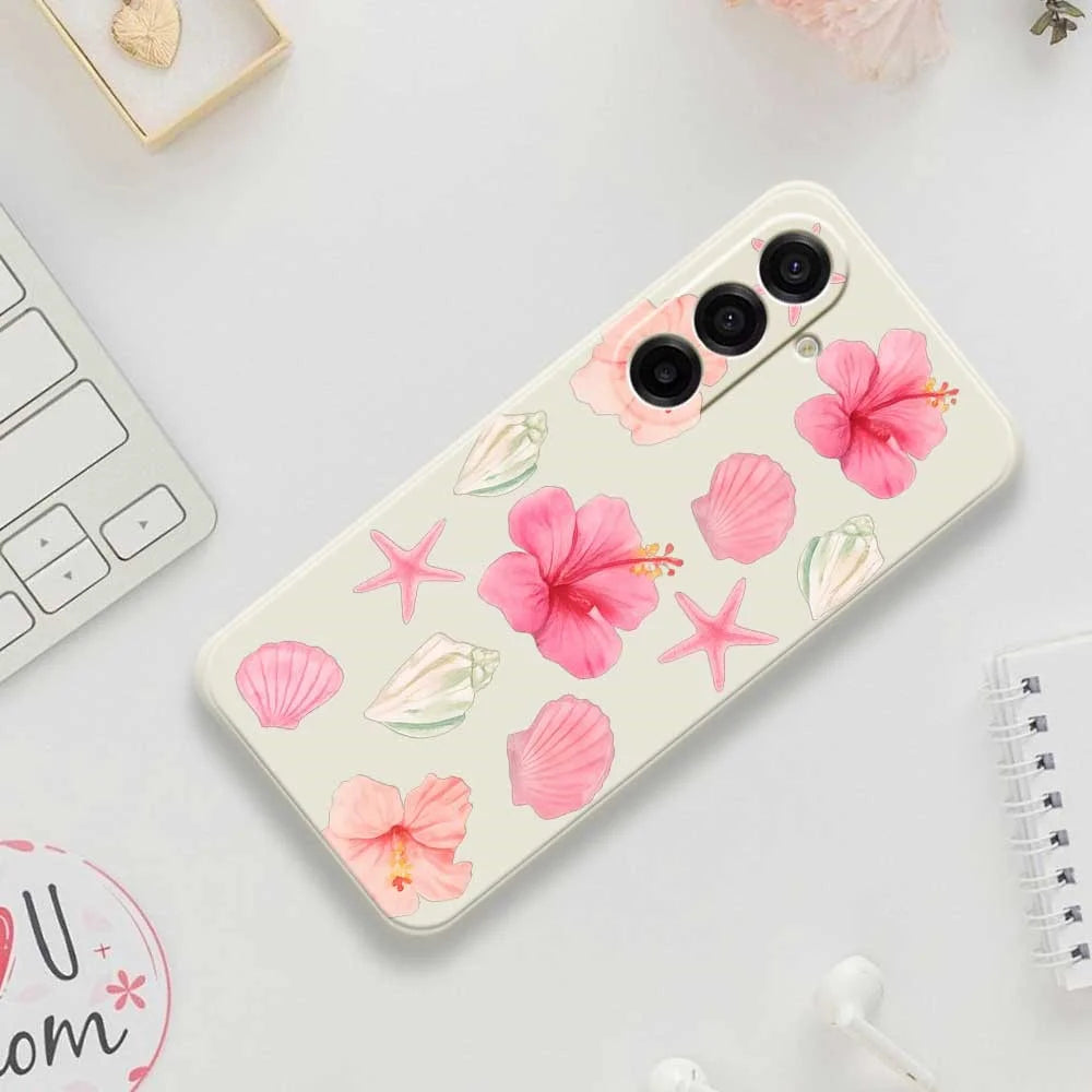 For Samsung Galaxy A18 5G / A18 4G / A17 5G / A17 4G Case Peach Blossoms Shells Pattern Printing Straight Edge TPU Phone Back Cover - Beige - 7