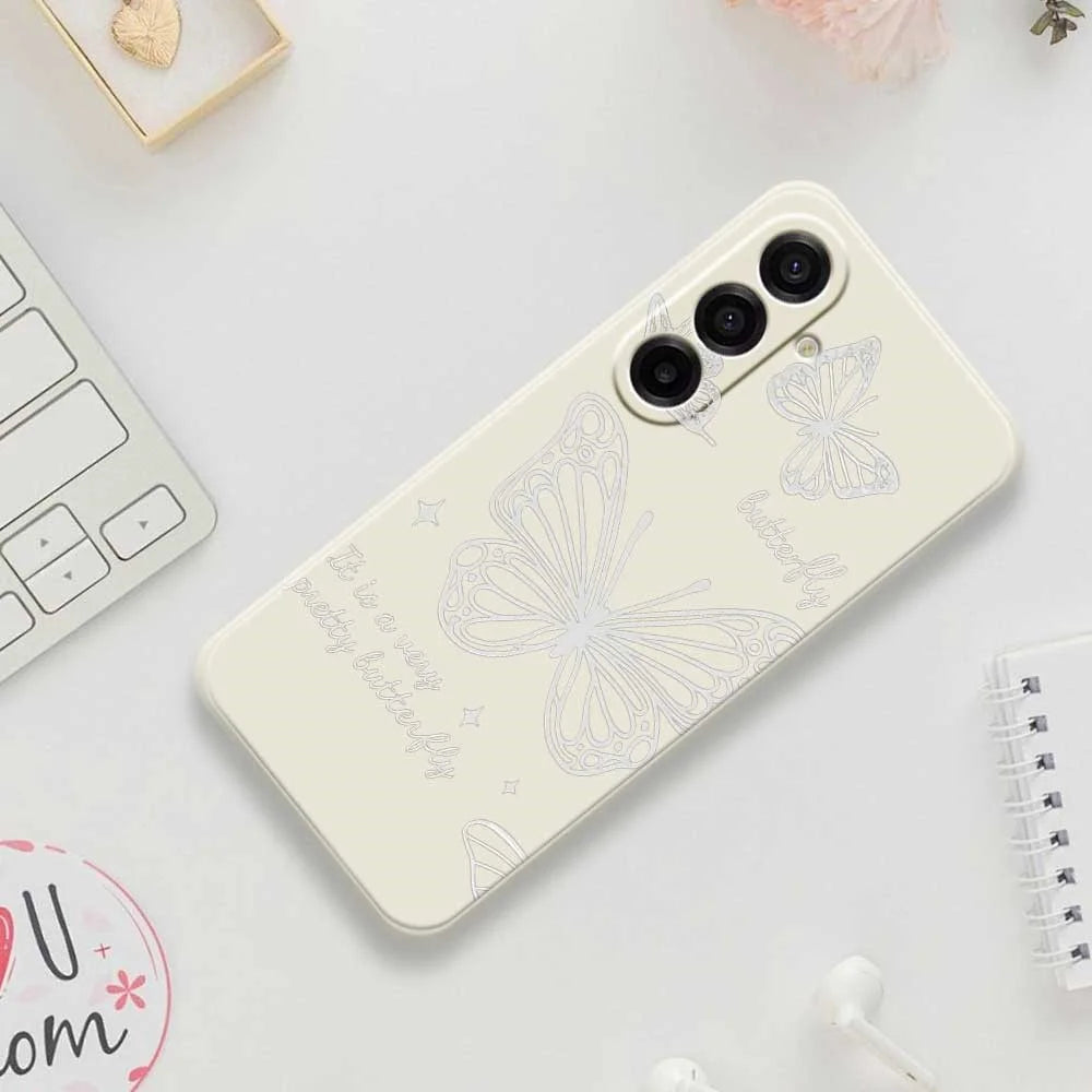 For Samsung Galaxy A18 5G / A18 4G / A17 5G / A17 4G Case Hollow Butterfly Pattern Printing Straight Edge TPU Phone Back Cover - Beige - 7