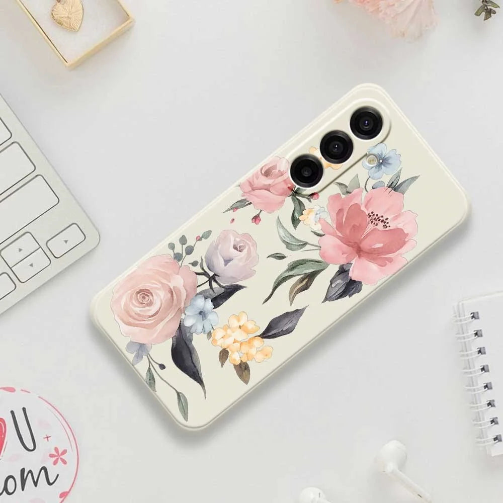 For Samsung Galaxy A18 5G / A18 4G / A17 5G / A17 4G Case Big Flowers Pattern Printing Straight Edge TPU Phone Back Cover - Beige - 7
