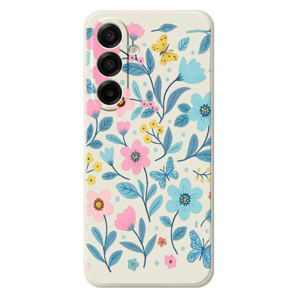 For Samsung Galaxy A18 5G / A18 4G / A17 5G / A17 4G Case Blue Pink Flowers Pattern Printing Straight Edge TPU Phone Back Cover - Beige - 1