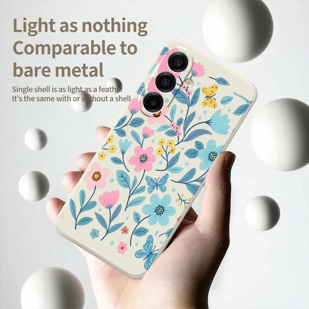 For Samsung Galaxy A18 5G / A18 4G / A17 5G / A17 4G Case Blue Pink Flowers Pattern Printing Straight Edge TPU Phone Back Cover - Beige - 4