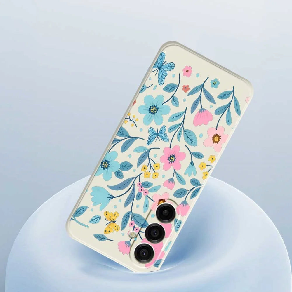 For Samsung Galaxy A18 5G / A18 4G / A17 5G / A17 4G Case Blue Pink Flowers Pattern Printing Straight Edge TPU Phone Back Cover - Beige - 5