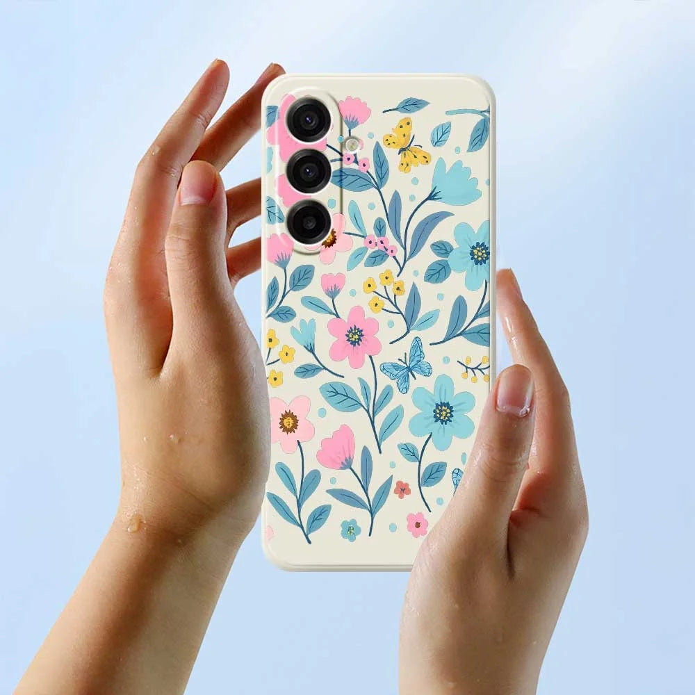 For Samsung Galaxy A18 5G / A18 4G / A17 5G / A17 4G Case Blue Pink Flowers Pattern Printing Straight Edge TPU Phone Back Cover - Beige - 6