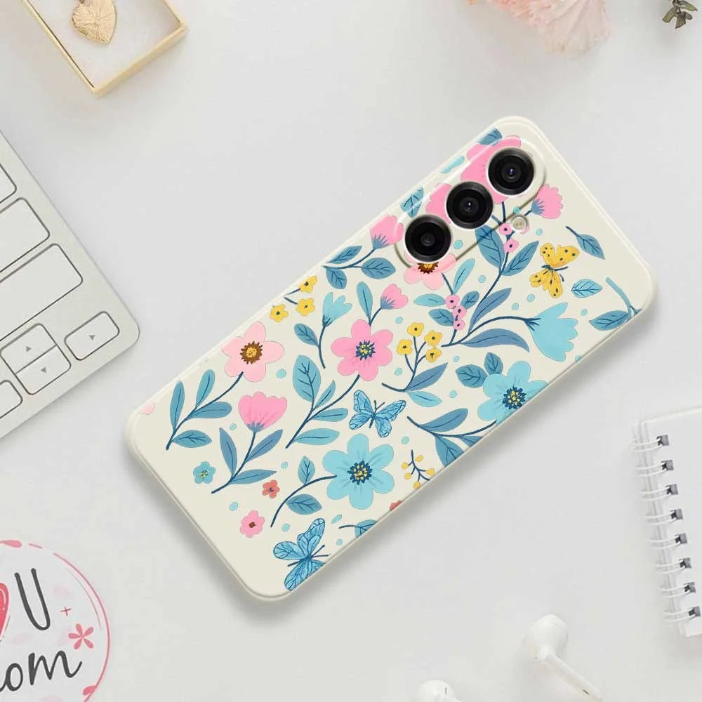 For Samsung Galaxy A18 5G / A18 4G / A17 5G / A17 4G Case Blue Pink Flowers Pattern Printing Straight Edge TPU Phone Back Cover - Beige - 7