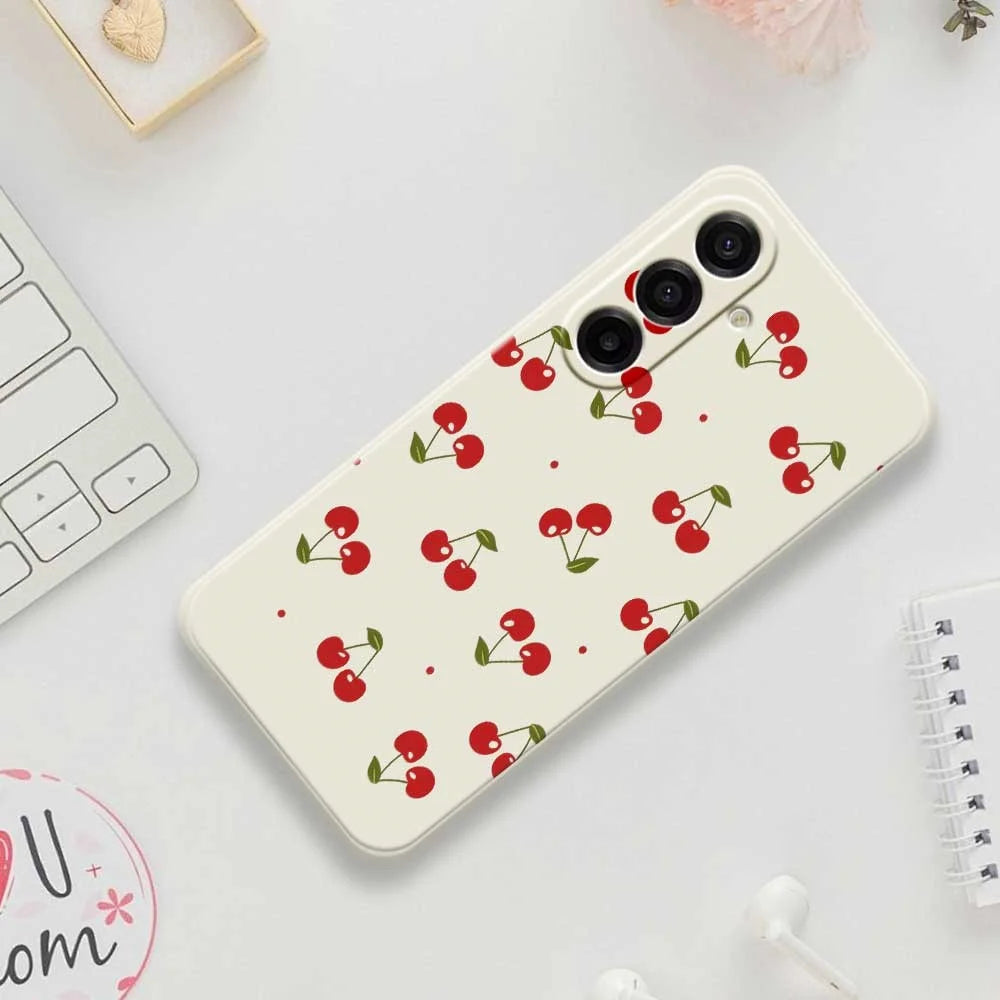For Samsung Galaxy A18 5G / A18 4G / A17 5G / A17 4G Case Cherry Pattern Printing Straight Edge TPU Phone Back Cover - Beige - 7