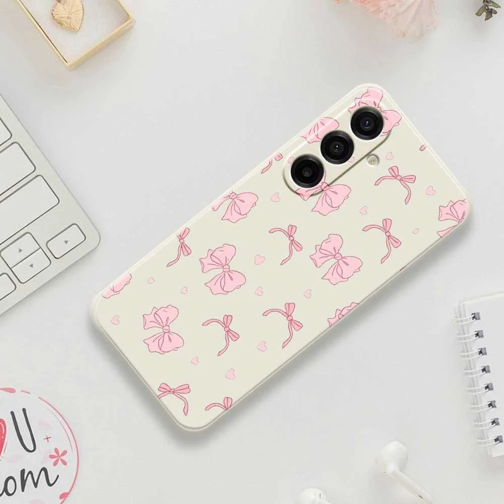 For Samsung Galaxy A18 5G / A18 4G / A17 5G / A17 4G Case Pink Bow Love Pattern Printing Straight Edge TPU Phone Back Cover - Beige - 7
