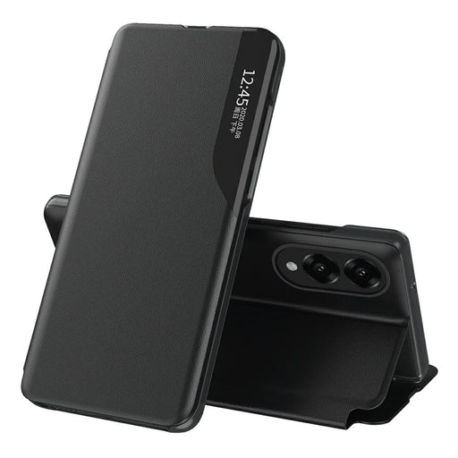 AMORUS For Samsung Galaxy S25 Edge Case View Window Stand PU Leather Phone Cover - Black - 1