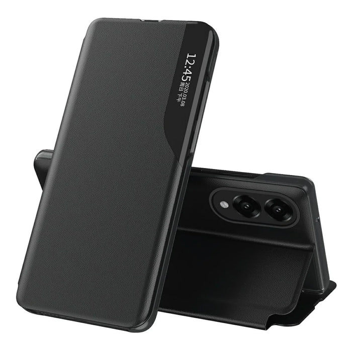 AMORUS For Samsung Galaxy S25 Edge Case View Window Stand PU Leather Phone Cover - Black - 1
