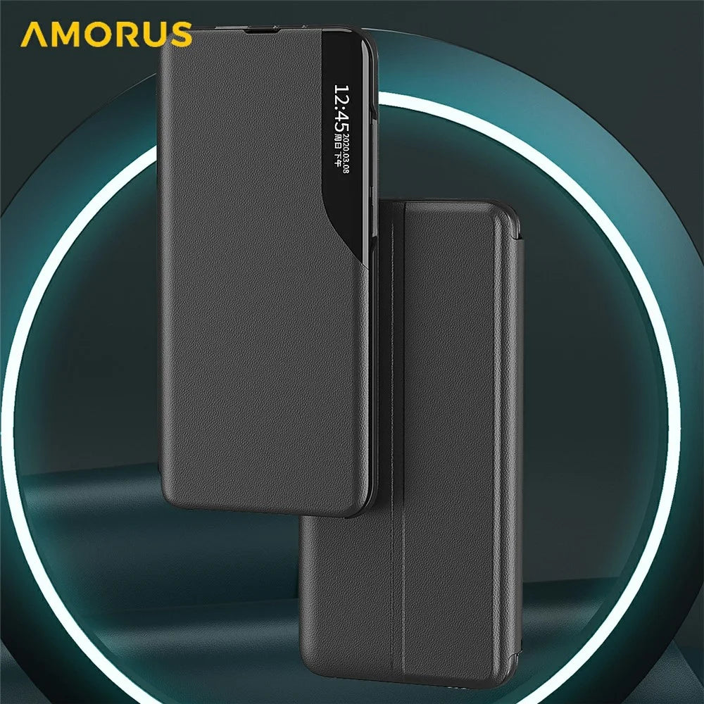 AMORUS For Samsung Galaxy S25 Edge Case View Window Stand PU Leather Phone Cover - Black - 2