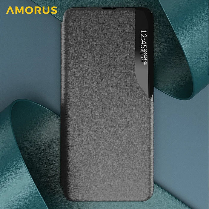 AMORUS For Samsung Galaxy S25 Edge Case View Window Stand PU Leather Phone Cover - Black - 5