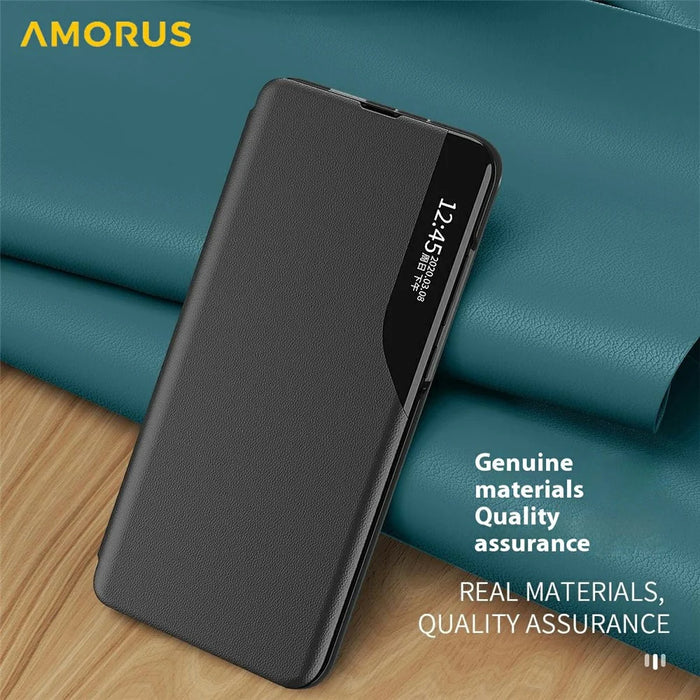 AMORUS For Samsung Galaxy S25 Edge Case View Window Stand PU Leather Phone Cover - Black - 6