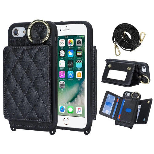 For iPhone SE (2022) / (2020) / 8 / 7 Case with Lanyard / Mirror / Card Holder Grids Pattern RFID Blocking Phone Cover - Black - 1