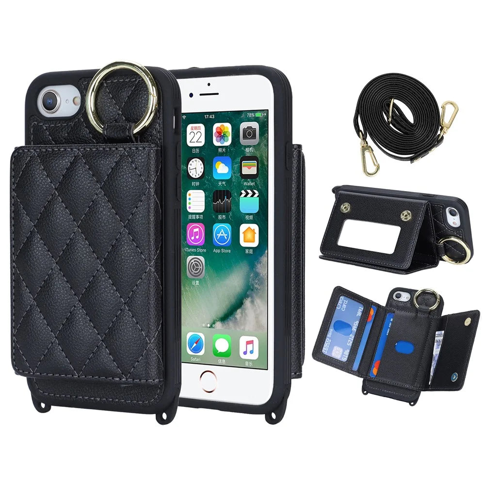 For iPhone SE (2022) / (2020) / 8 / 7 Case with Lanyard / Mirror / Card Holder Grids Pattern RFID Blocking Phone Cover - Black - 1
