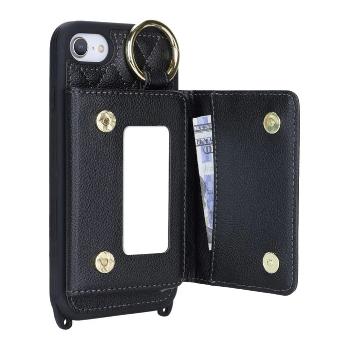 For iPhone SE (2022) / (2020) / 8 / 7 Case with Lanyard / Mirror / Card Holder Grids Pattern RFID Blocking Phone Cover - Black - 4