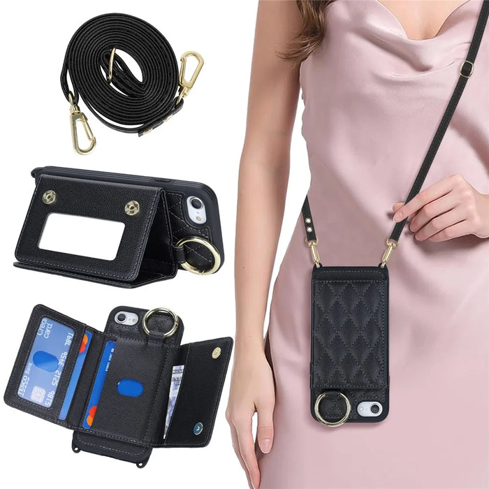 For iPhone SE (2022) / (2020) / 8 / 7 Case with Lanyard / Mirror / Card Holder Grids Pattern RFID Blocking Phone Cover - Black - 5