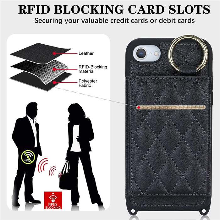 For iPhone SE (2022) / (2020) / 8 / 7 Case with Lanyard / Mirror / Card Holder Grids Pattern RFID Blocking Phone Cover - Black - 6