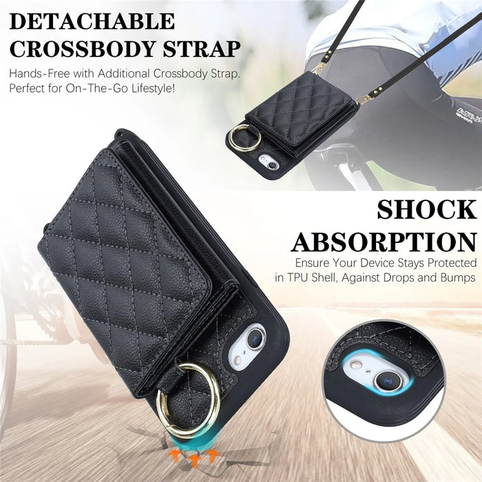 For iPhone SE (2022) / (2020) / 8 / 7 Case with Lanyard / Mirror / Card Holder Grids Pattern RFID Blocking Phone Cover - Black - 7