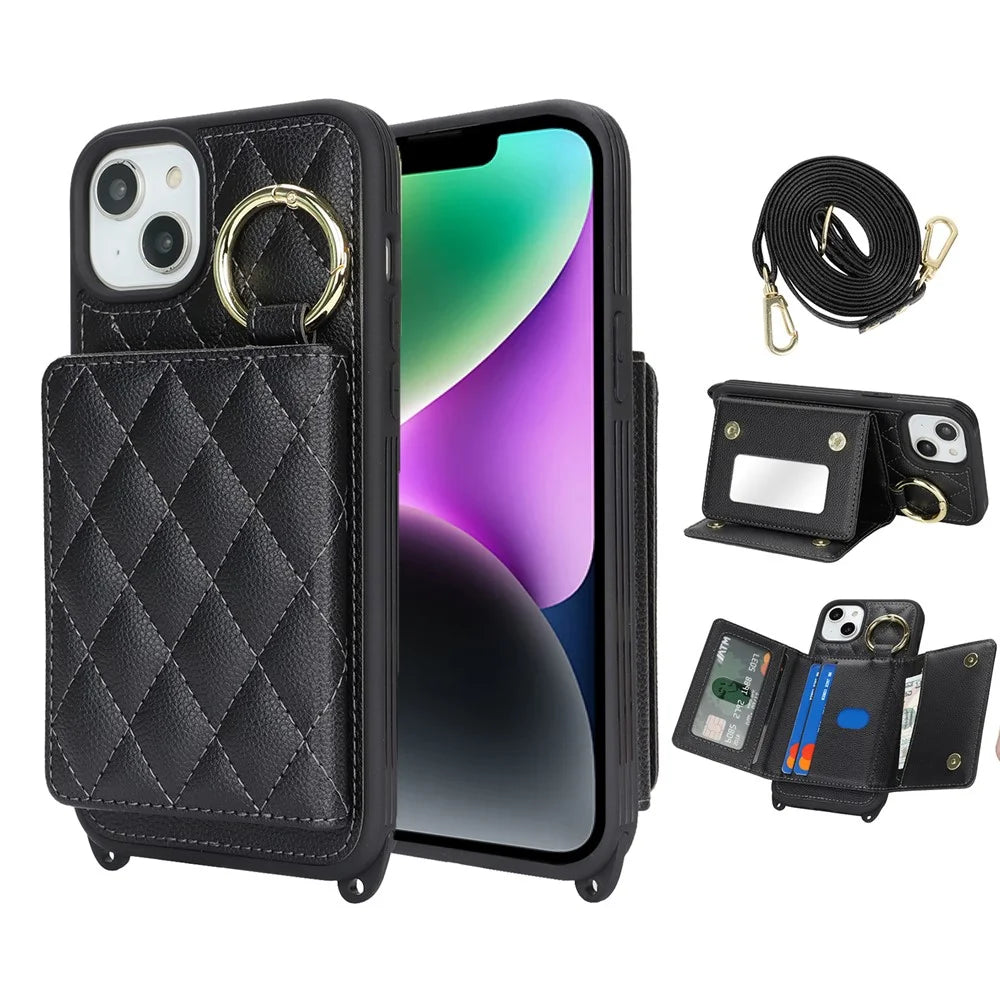 For iPhone 14 / 13 Case with Lanyard  /  Mirror  /  Card Holder Grids Pattern RFID Blocking Phone Cover - Black - 1