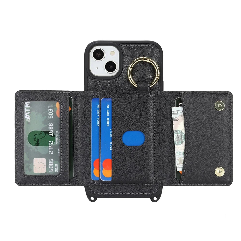 For iPhone 14 / 13 Case with Lanyard  /  Mirror  /  Card Holder Grids Pattern RFID Blocking Phone Cover - Black - 2