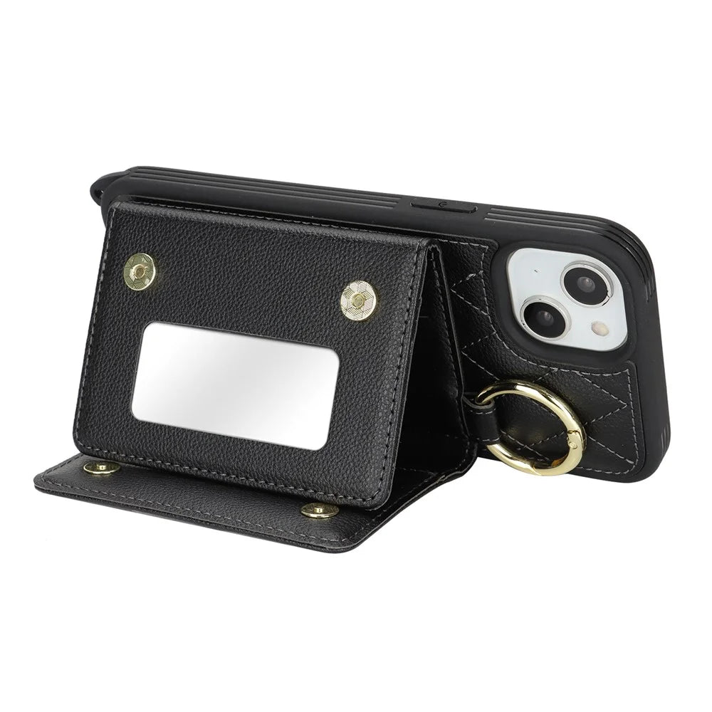 For iPhone 14 / 13 Case with Lanyard  /  Mirror  /  Card Holder Grids Pattern RFID Blocking Phone Cover - Black - 3