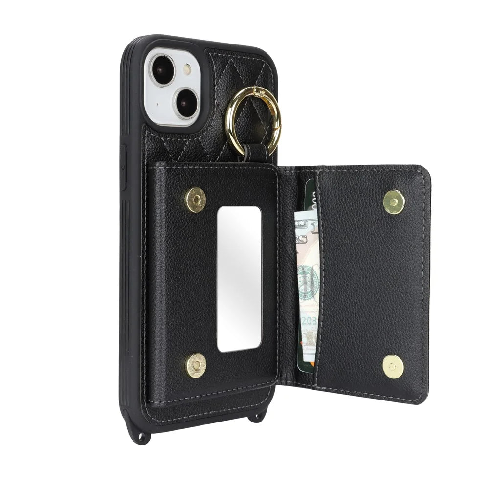 For iPhone 14 / 13 Case with Lanyard  /  Mirror  /  Card Holder Grids Pattern RFID Blocking Phone Cover - Black - 4