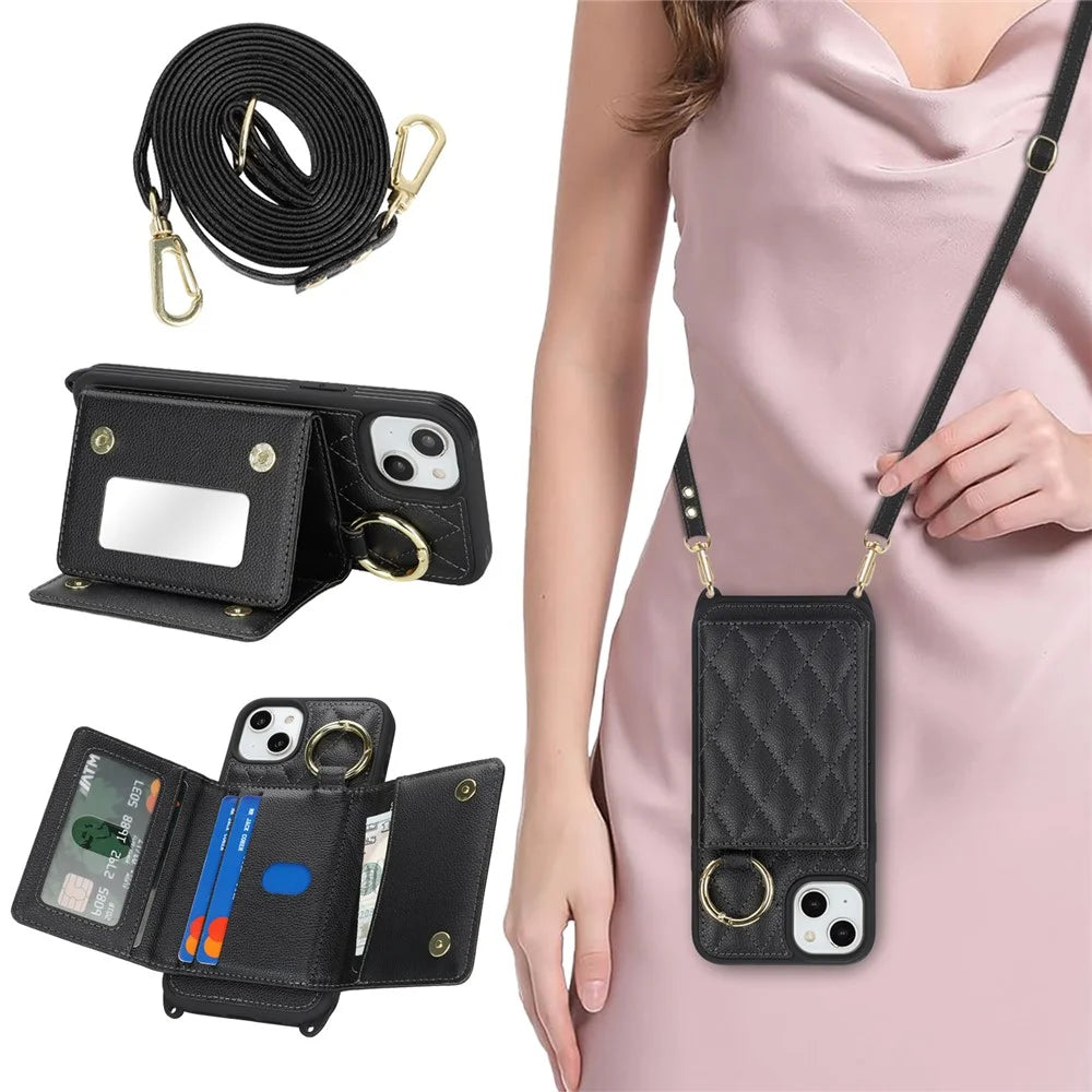 For iPhone 14 / 13 Case with Lanyard  /  Mirror  /  Card Holder Grids Pattern RFID Blocking Phone Cover - Black - 5