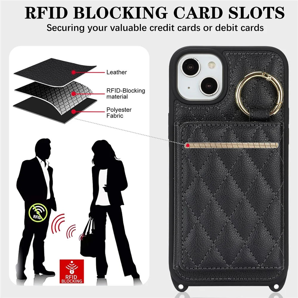 For iPhone 14 / 13 Case with Lanyard  /  Mirror  /  Card Holder Grids Pattern RFID Blocking Phone Cover - Black - 6