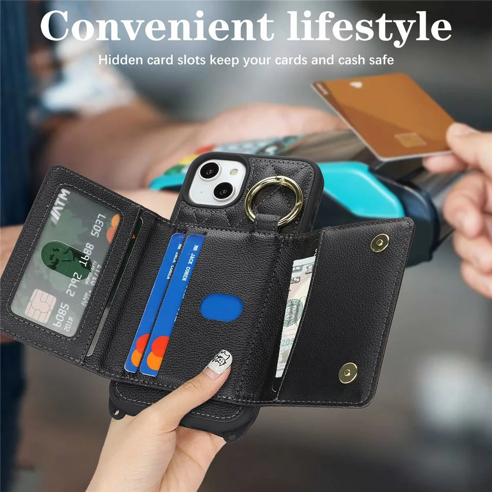 For iPhone 14 / 13 Case with Lanyard  /  Mirror  /  Card Holder Grids Pattern RFID Blocking Phone Cover - Black - 7
