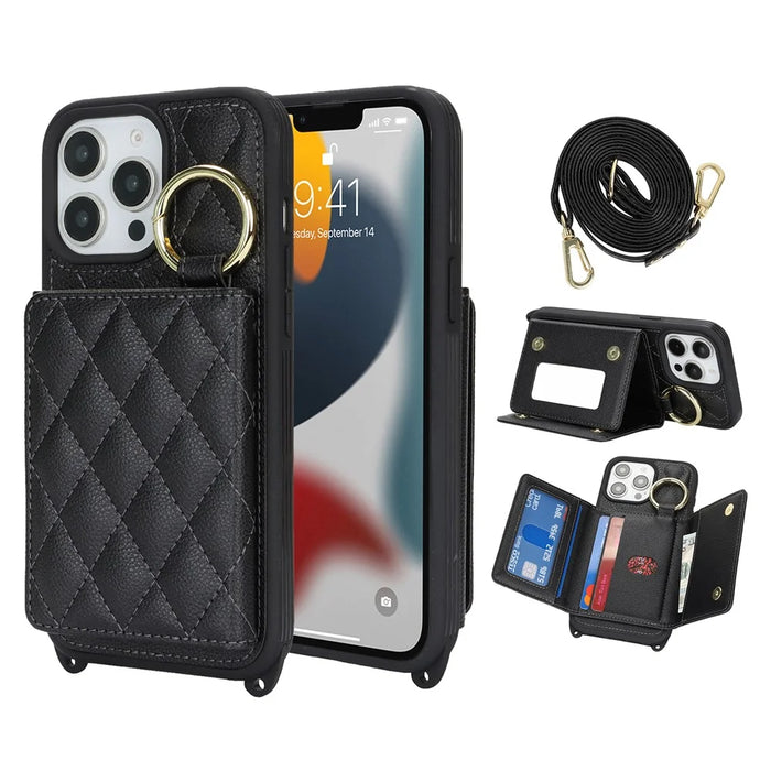 For iPhone 13 Pro Max / 12 Pro Max Case with Lanyard  /  Mirror  /  Card Holder Grids Pattern RFID Blocking Phone Cover - Black - 1