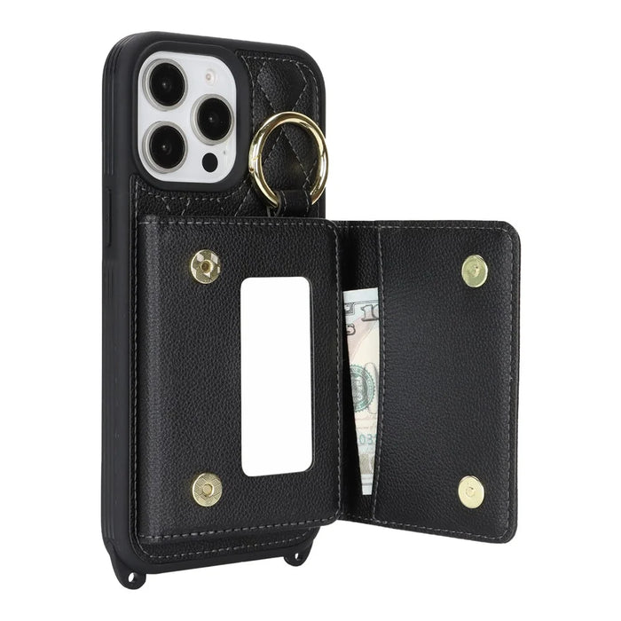 For iPhone 13 Pro Max / 12 Pro Max Case with Lanyard  /  Mirror  /  Card Holder Grids Pattern RFID Blocking Phone Cover - Black - 4