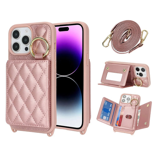 For iPhone 14 Pro Case with Lanyard  /  Mirror  /  Card Holder Grids Pattern RFID Blocking Phone Cover - Rose Gold - 1