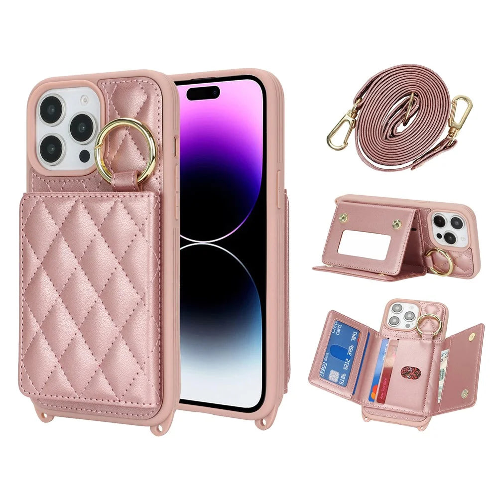 For iPhone 14 Pro Case with Lanyard  /  Mirror  /  Card Holder Grids Pattern RFID Blocking Phone Cover - Rose Gold - 1