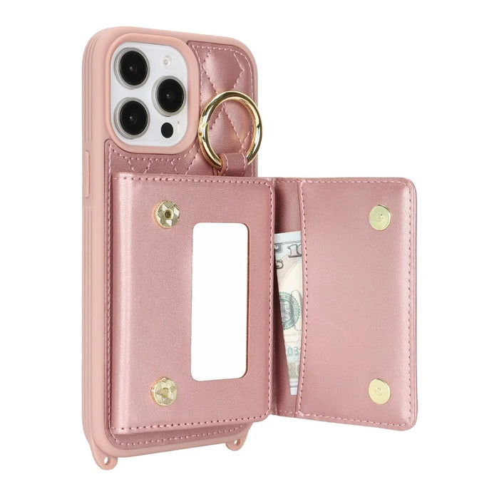 For iPhone 14 Pro Case with Lanyard  /  Mirror  /  Card Holder Grids Pattern RFID Blocking Phone Cover - Rose Gold - 4