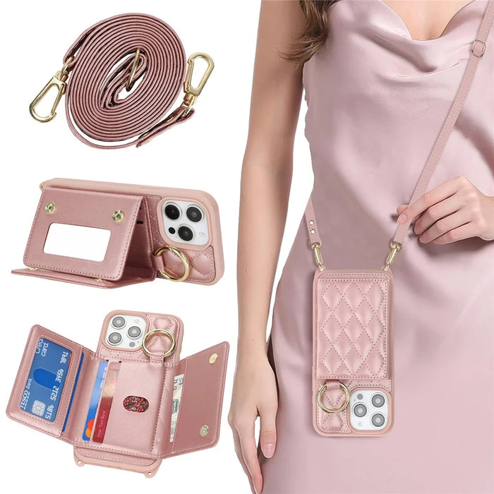 For iPhone 14 Pro Case with Lanyard  /  Mirror  /  Card Holder Grids Pattern RFID Blocking Phone Cover - Rose Gold - 5