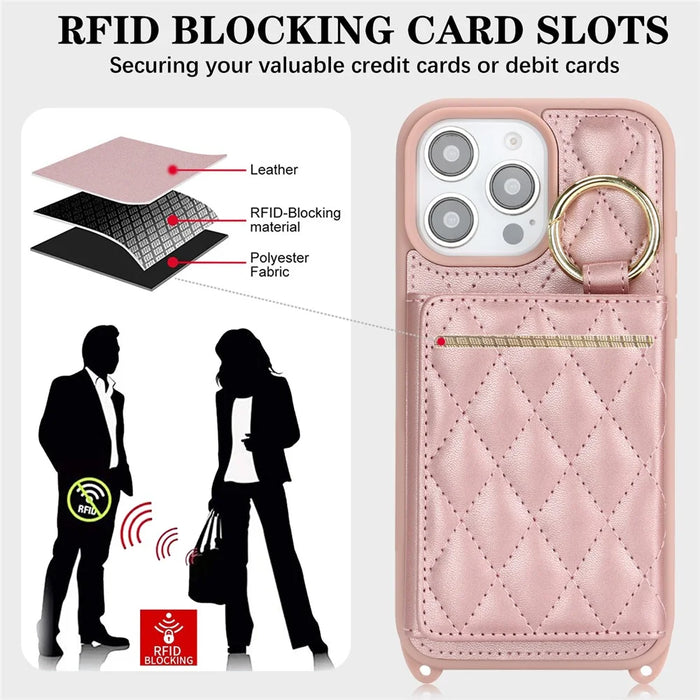 For iPhone 14 Pro Case with Lanyard  /  Mirror  /  Card Holder Grids Pattern RFID Blocking Phone Cover - Rose Gold - 6