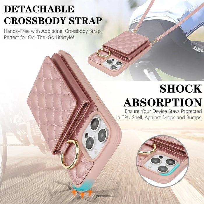 For iPhone 14 Pro Case with Lanyard  /  Mirror  /  Card Holder Grids Pattern RFID Blocking Phone Cover - Rose Gold - 7